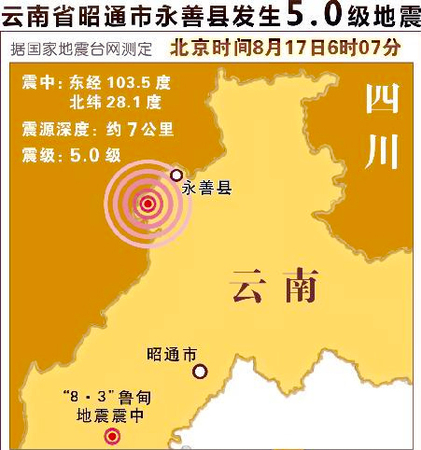 云南永善發生5級地震-專家表示與魯甸地震無關2