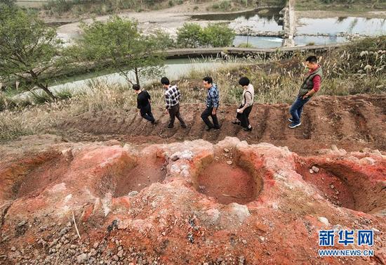 文物工作者走過陡嶺下遺址上一處保存較為完整的焙燒臺（11月17日攝）。