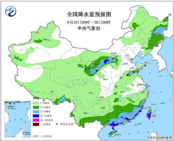 圖2全國降水量預(yù)報圖(8月29日08時-30日08時)