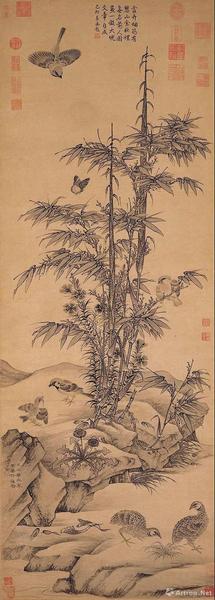 王淵，《竹雀圖》軸，元，紙本水墨，139.3×49.9厘米，日本大阪市立美術(shù)館藏