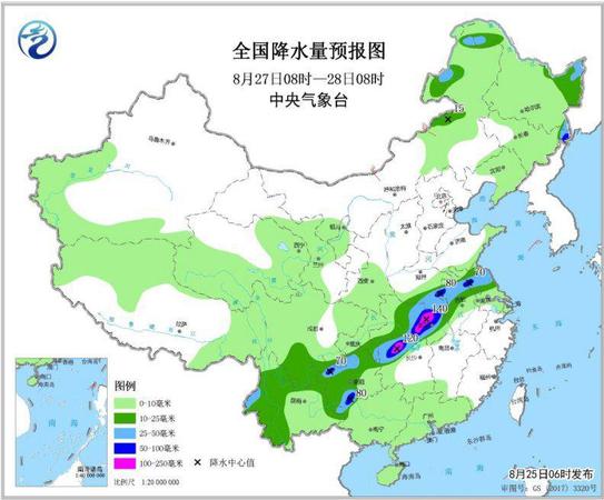 圖5 全國降水量預報圖(8月27日08時-28日08時)